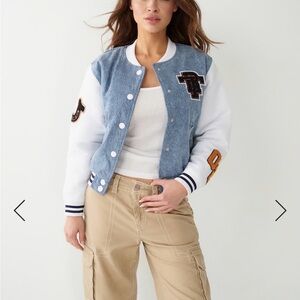 True Religion Blue and White Bomber Jacket